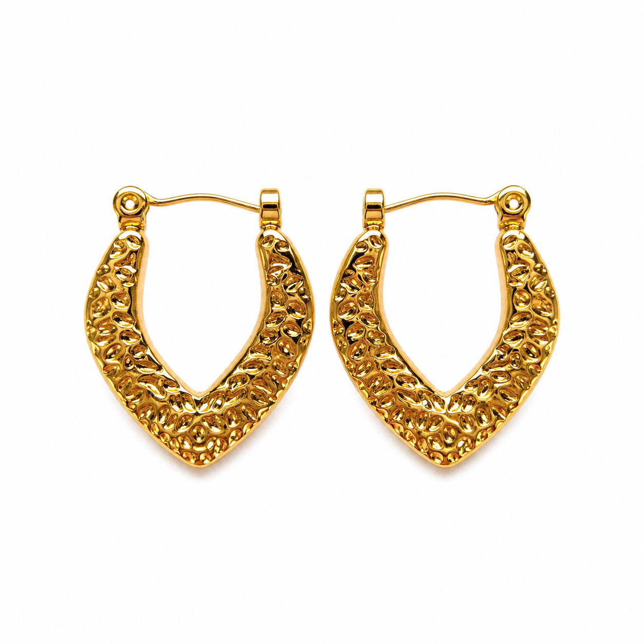 A pair of textured gold hoop earrings with a hammered, openwork pattern and fishhook backs, shown on a clean white background.
