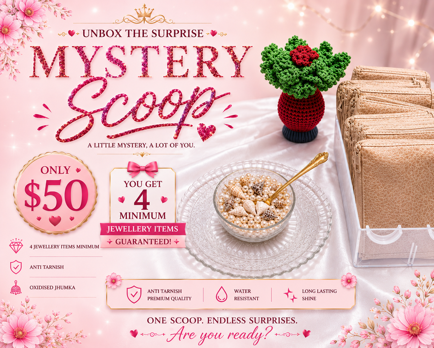 Promotional graphic for a 'Mystery Scoop' jewelry surprise box, showing a pink and white themed layout with a bowl of jewelry pieces, a stack of gold-toned pouches, a small potted plant, and text detailing that the box contains 4 minimum jewelry items for $50.