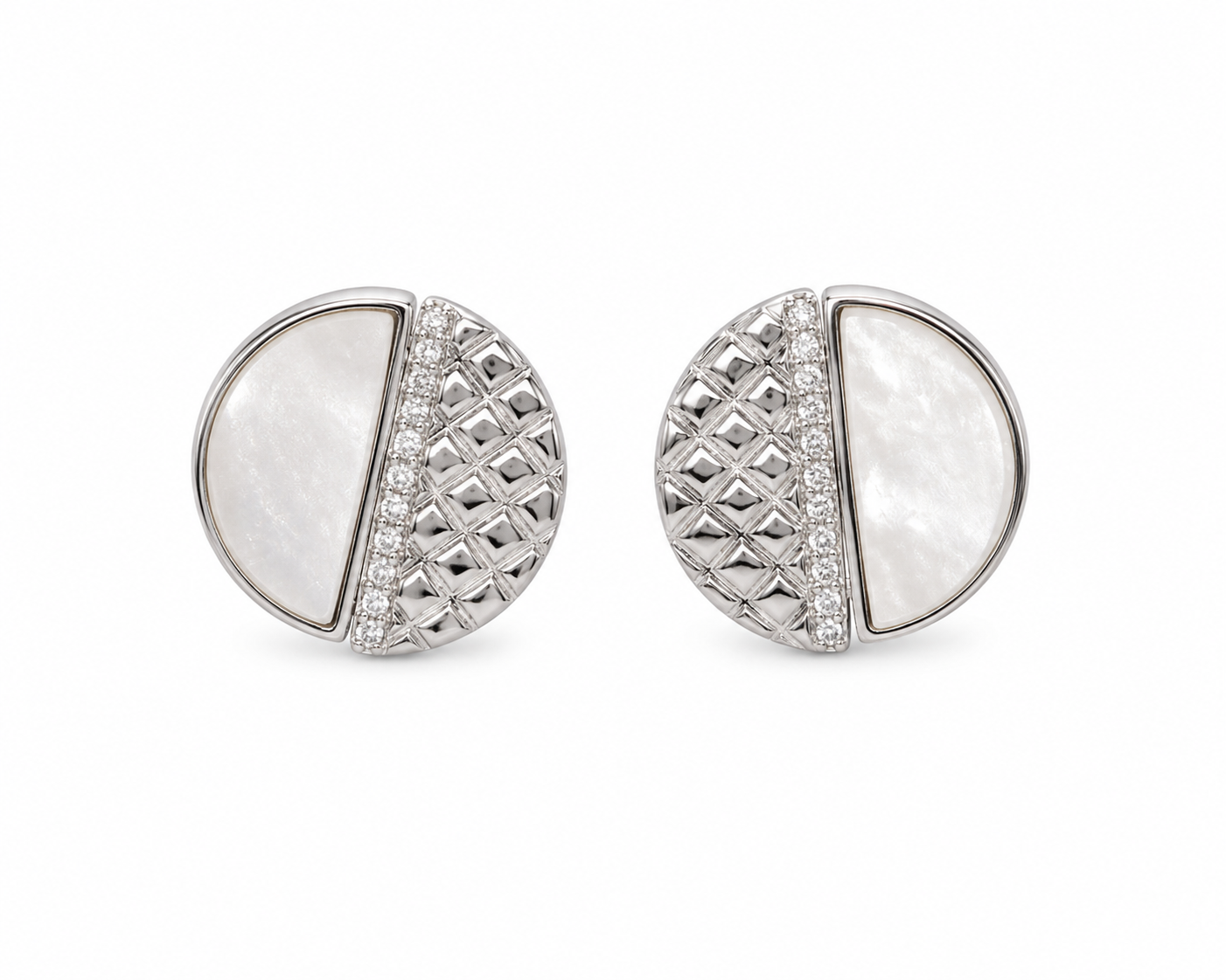 Pair of silver earrings with half-circle design on a white background