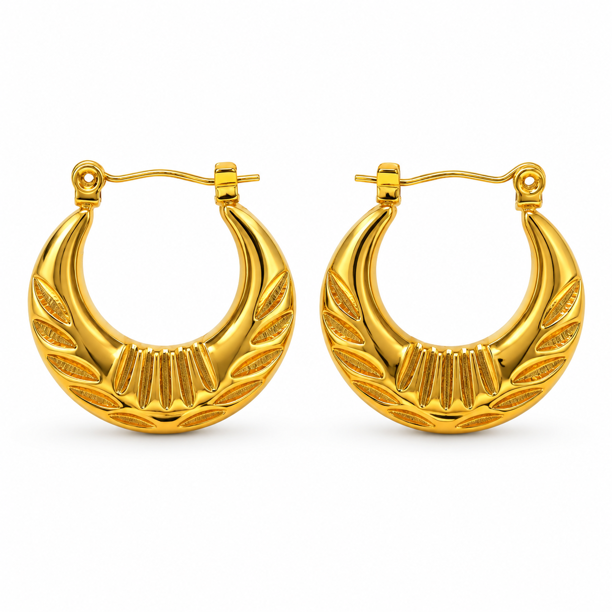 Gold Crescent Moon Engraved Hoop Earrings
