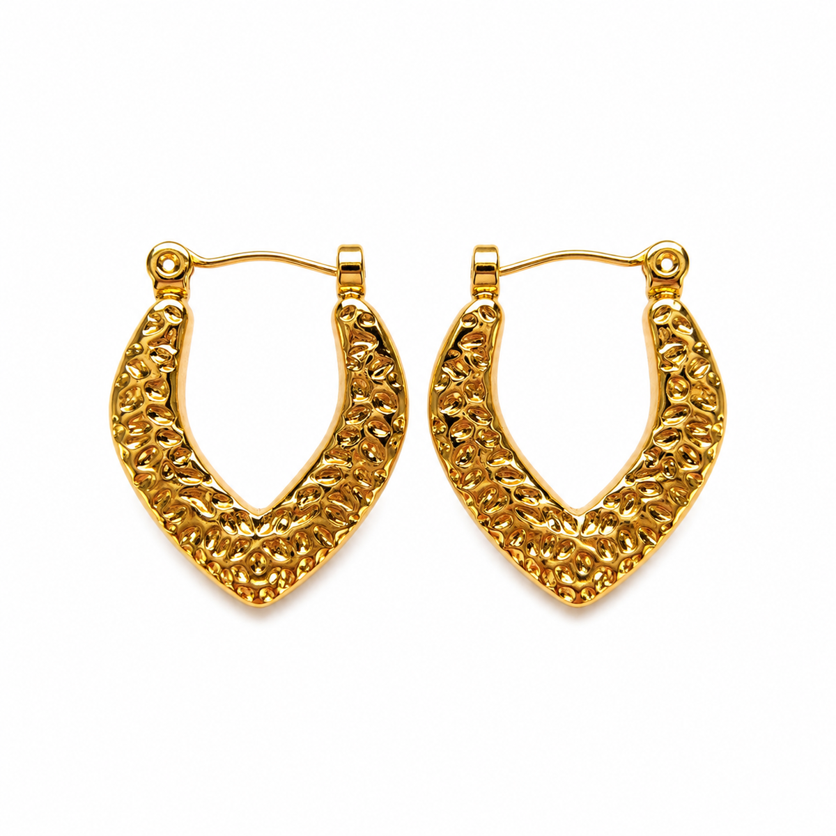 A pair of textured gold hoop earrings with a hammered, openwork pattern and fishhook backs, shown on a clean white background.