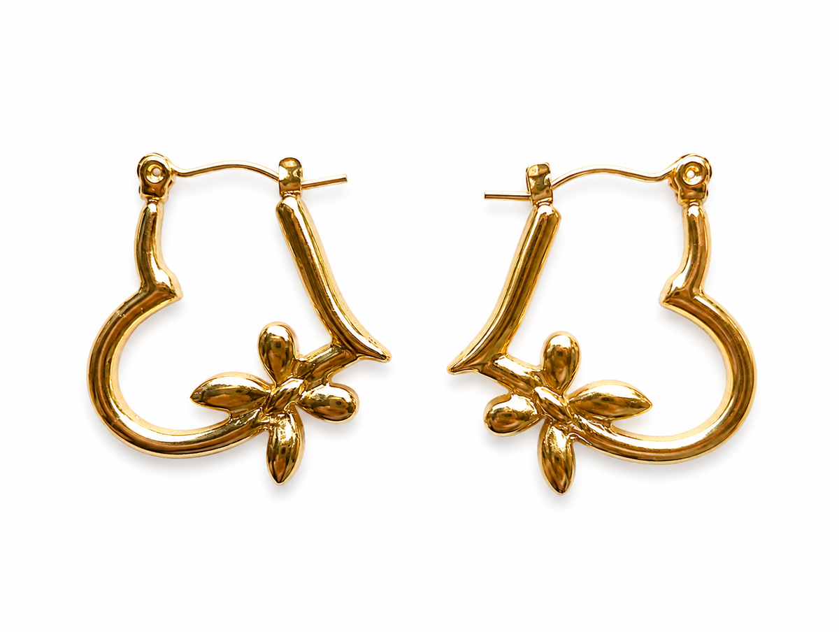 Gold Heart Flower Hoop Earrings