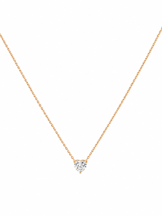 Gold heart solitaire crystal pendant necklace on fine cable chain