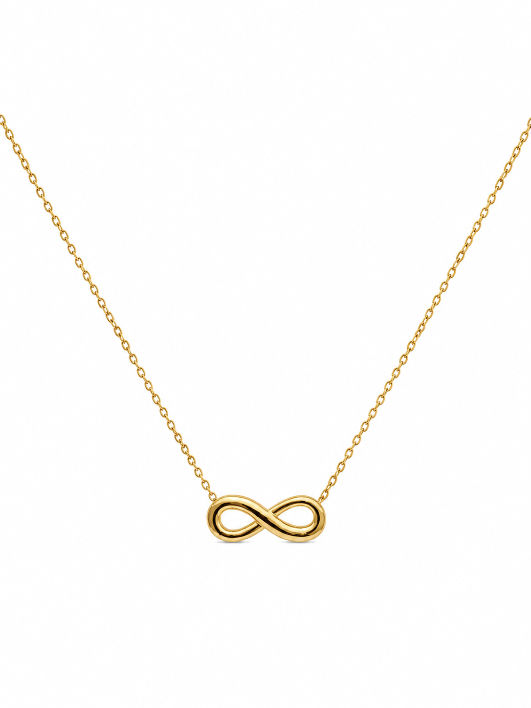 Gold infinity symbol pendant necklace on delicate cable chain