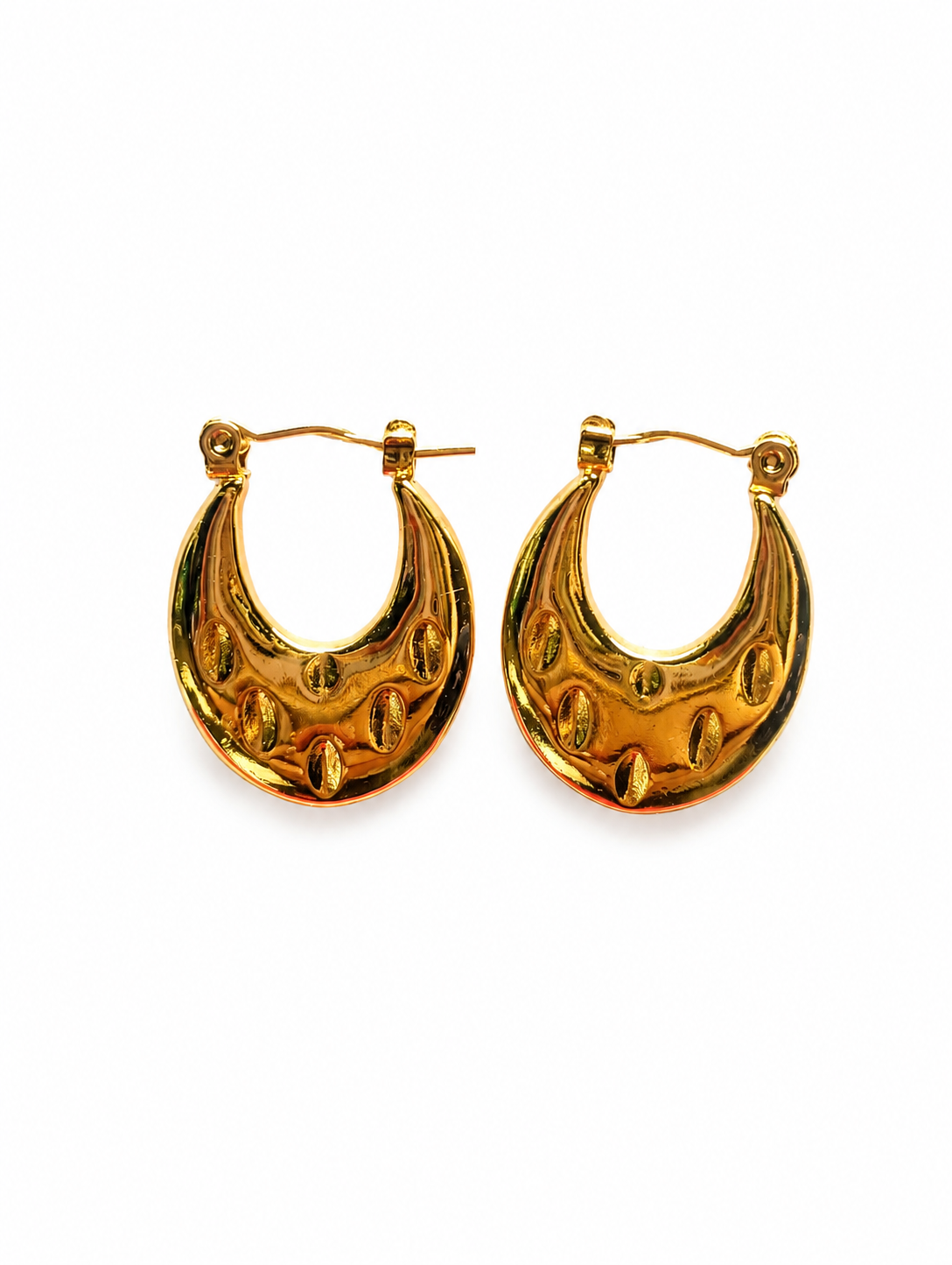 Gold Oval Dome Embossed Hoop Earrings