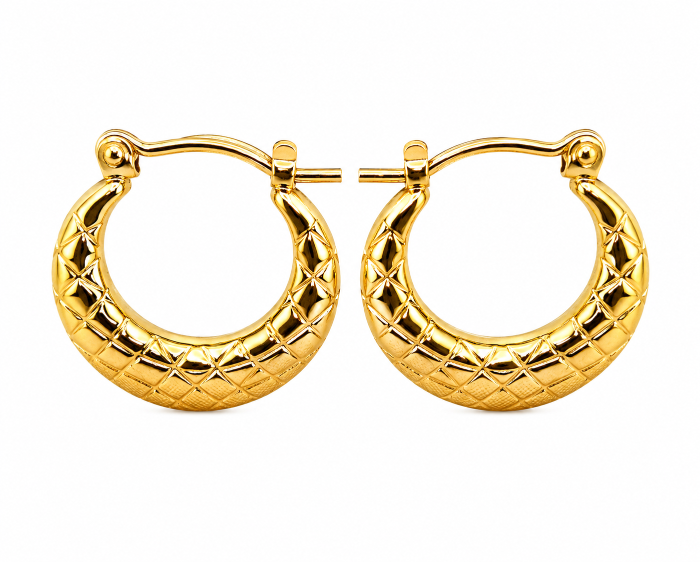 Gold hoop earrings with a textured design on a white background
