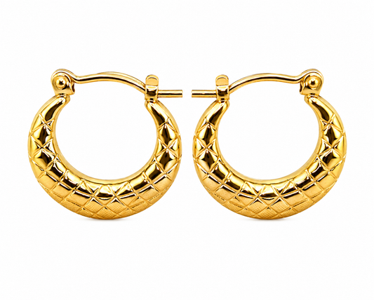 Gold hoop earrings with a textured design on a white background