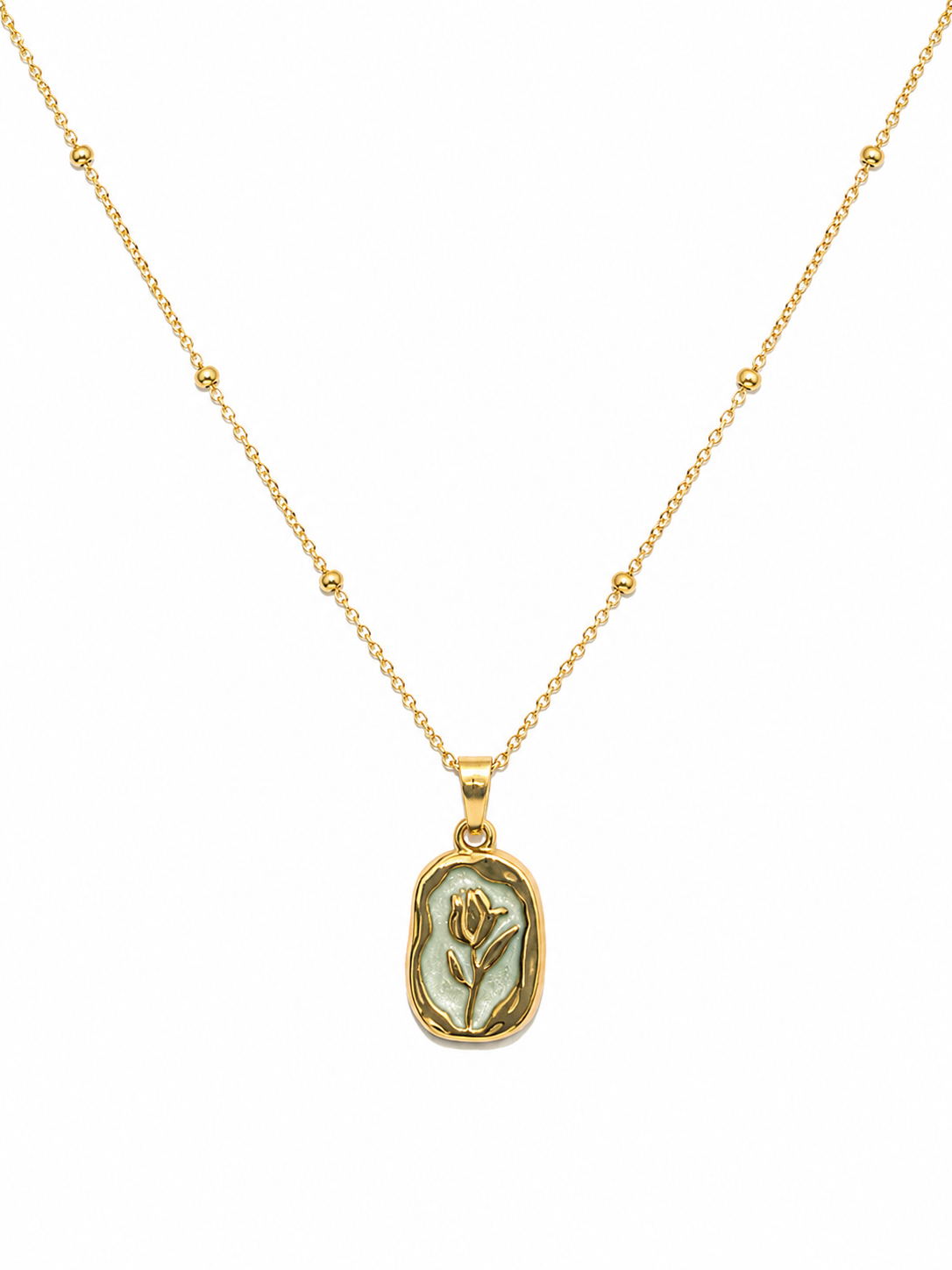 Gold Rose Medallion Pendant Necklace with sage green enamel and satellite chain