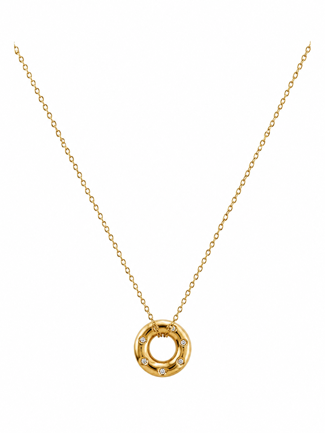Gold necklace with a circular pendant on a white background