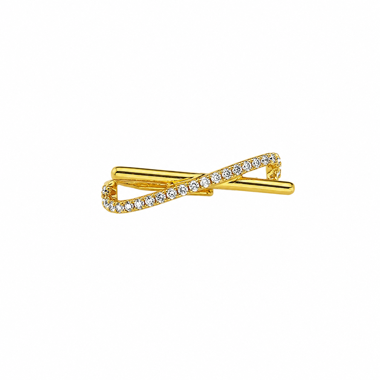 Gold tie clip with embedded diamonds on a white background