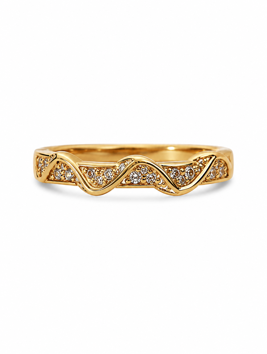Gold ring with diamond accents on a white background