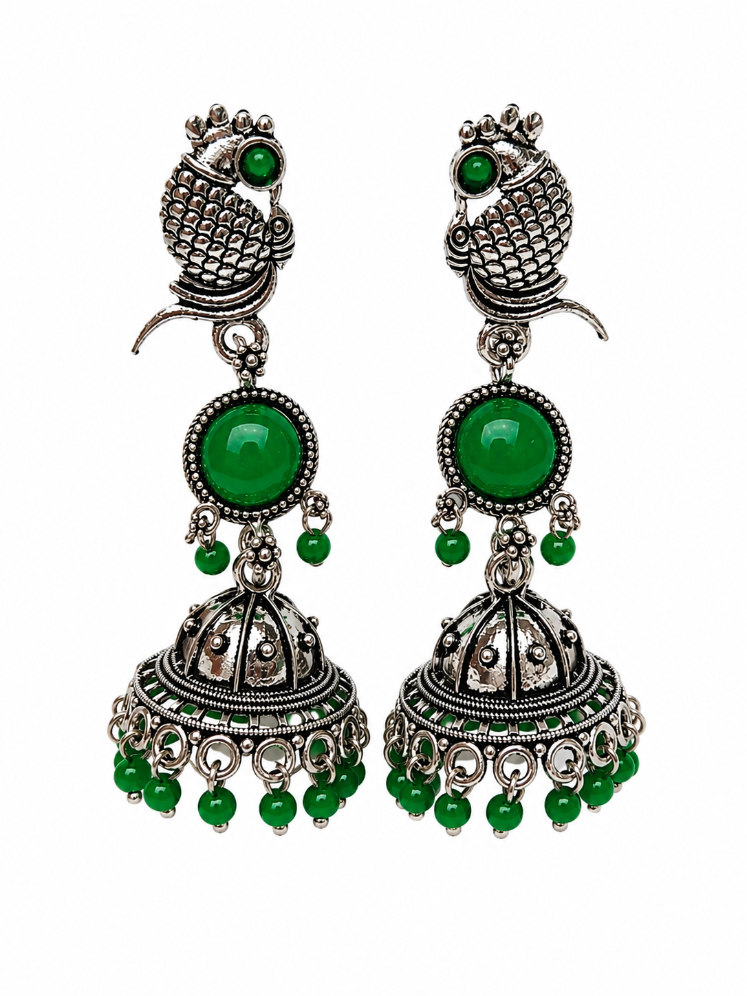 Pair of green and silver earrings on a white background