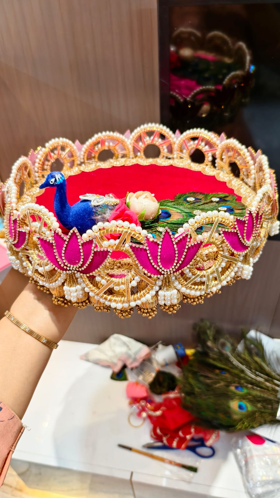 Peacock Decorative Pooja Thali handcrafted with zari, pearls and peacock feathers