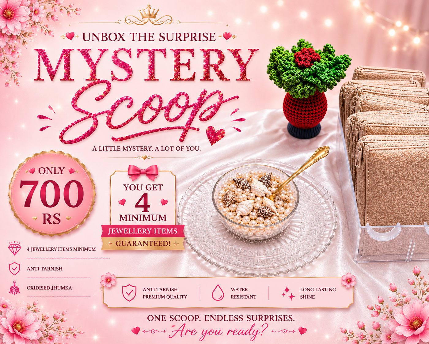 Promotional graphic for a 'Mystery Scoop' jewelry surprise deal, showing a bowl of cereal, a small crocheted plant, a stack of gold-toned jewelry boxes, and text detailing a 700 RS offer for 4 minimum jewelry items.