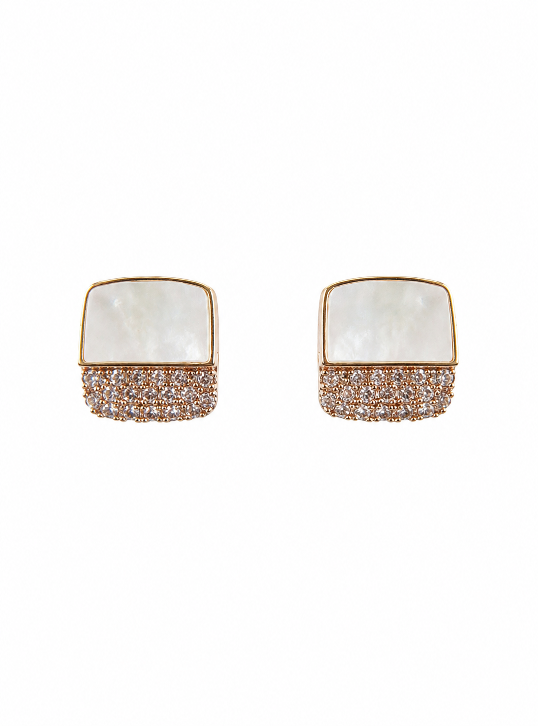 Pair of square-shaped earrings with gold frame and gemstone details on a white background