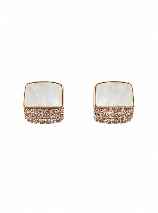 Pair of square-shaped earrings with gold frame and gemstone details on a white background