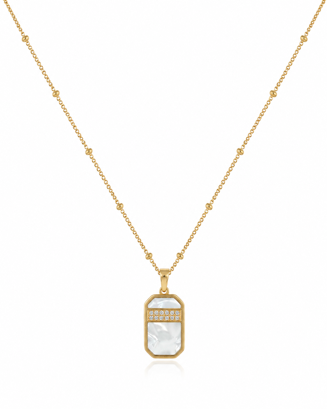 Gold necklace with a rectangular pendant on a white background