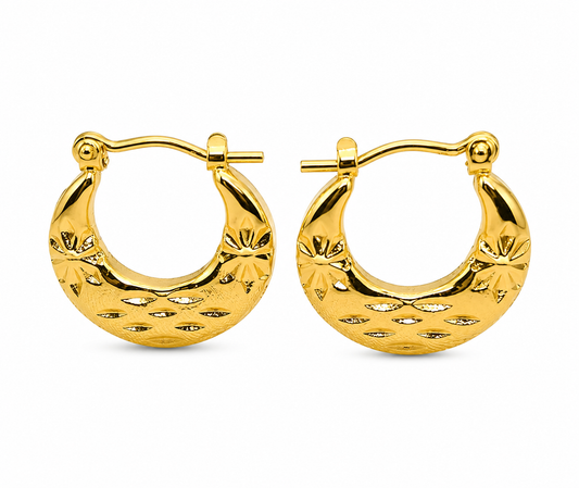 Pair of gold hoop earrings on a white background