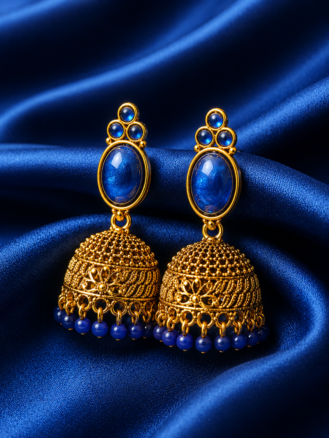 Gold and blue earrings on a blue satin background