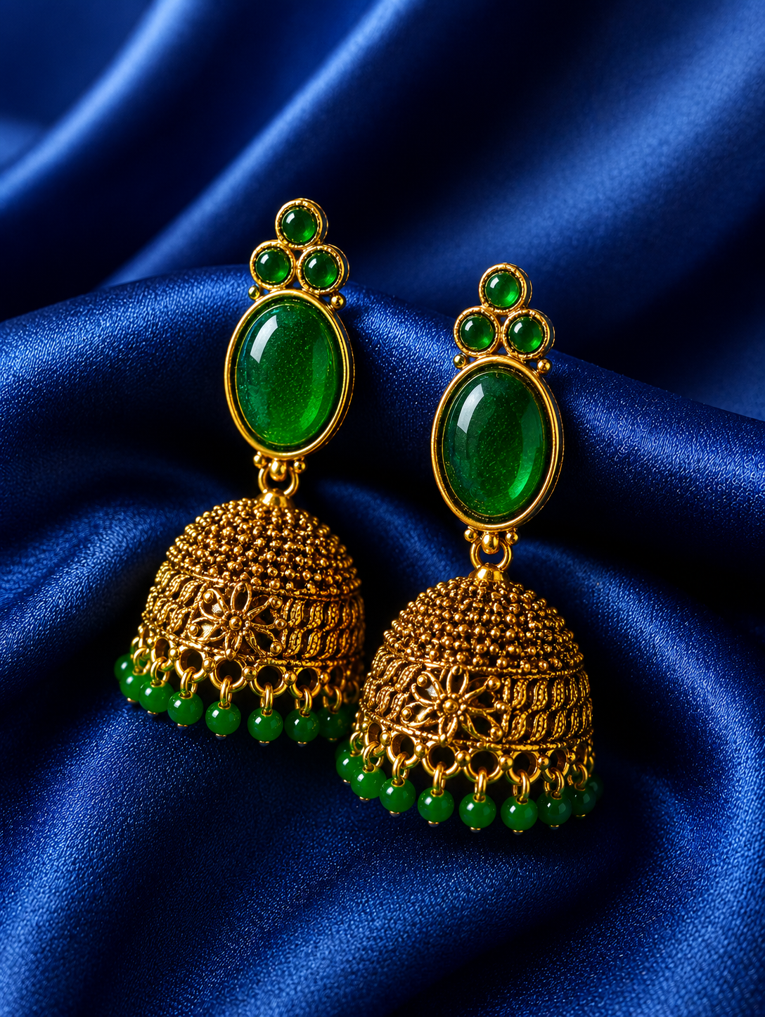 Gold and green earrings on a blue satin background