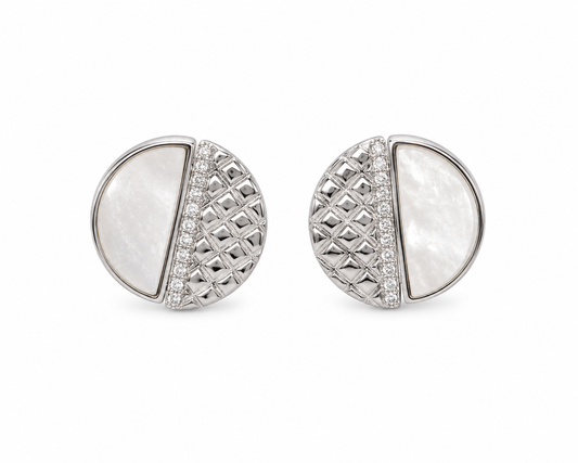 Pair of silver earrings with half-circle design on a white background