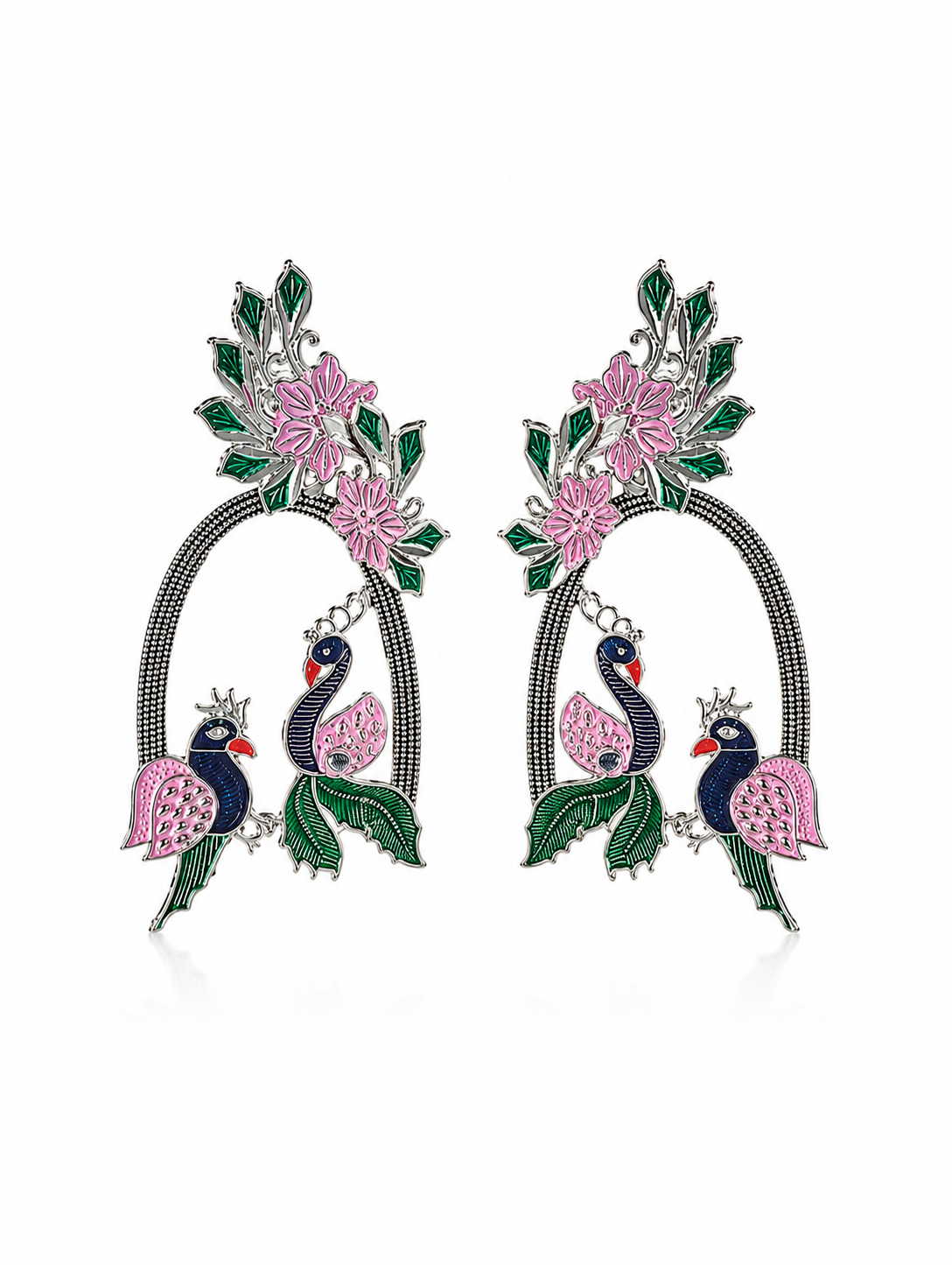 Ornate earrings with birds and floral designs on a white background