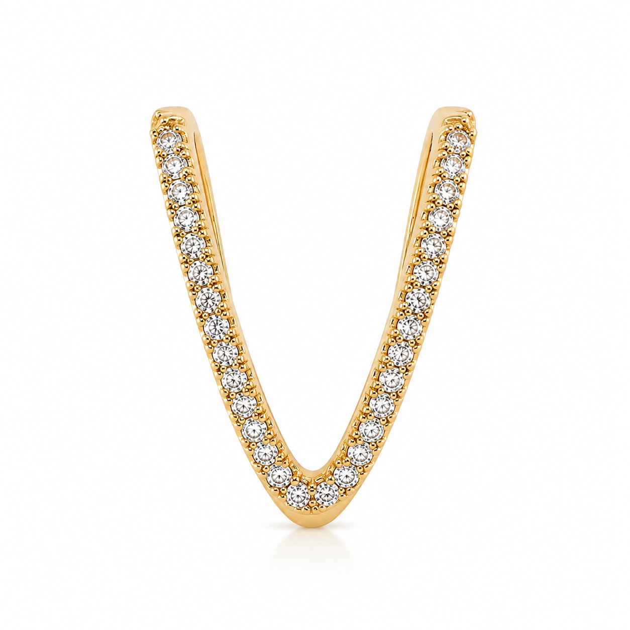 Gold letter 'V' earring with diamonds on a white background